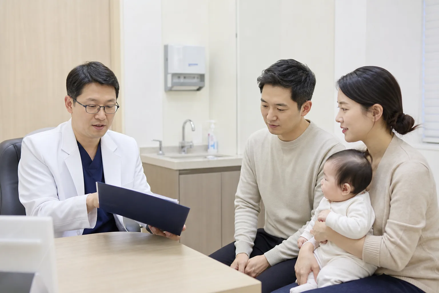 A photorealistic scene with parents, baby, and clinician measuring or discussing infant growth