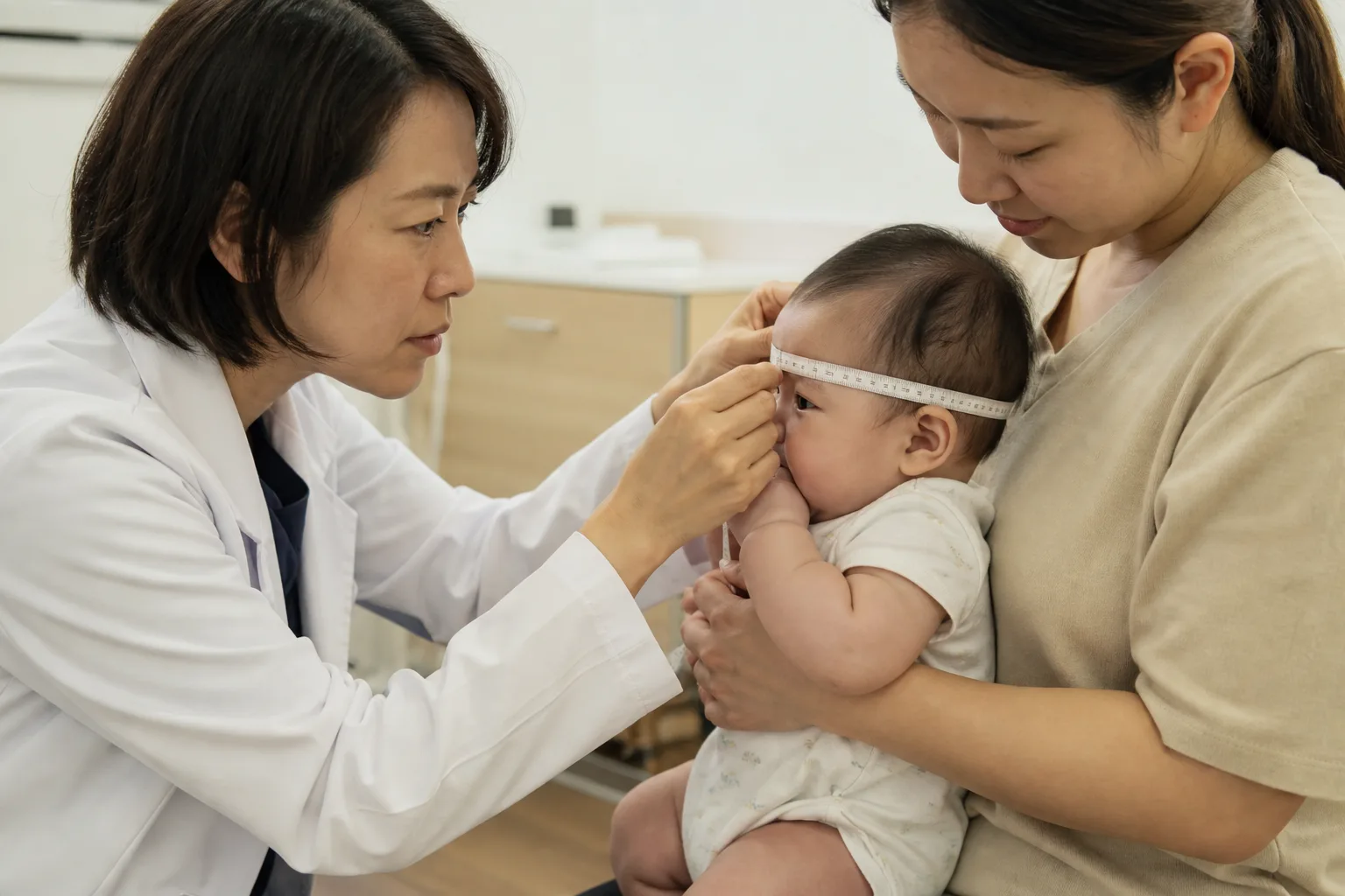 A photorealistic scene with parents, baby, and clinician measuring or discussing infant growth