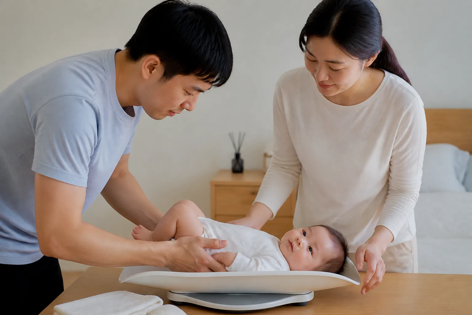 A photorealistic scene with parents, baby, and clinician measuring or discussing infant growth