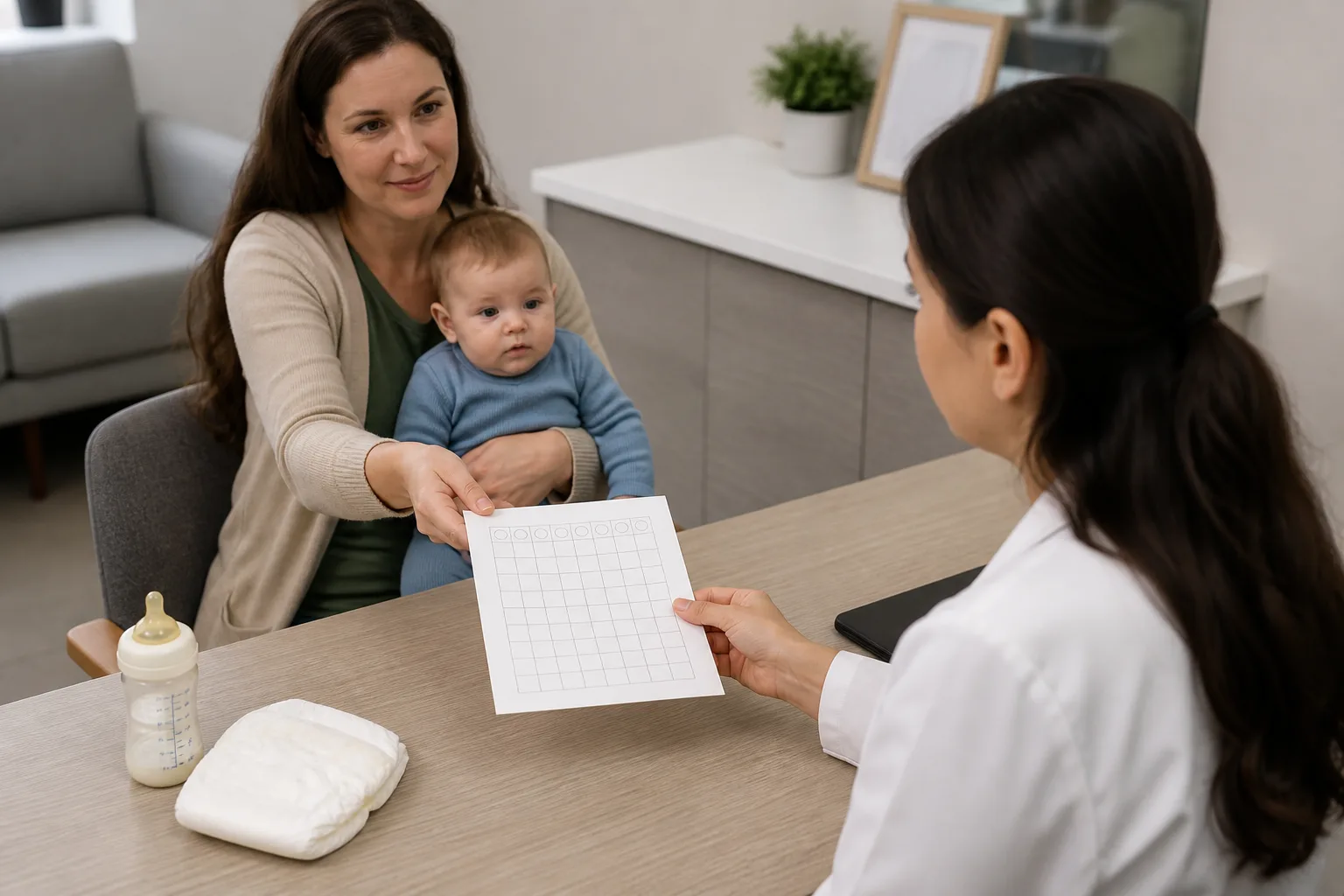 Caregiver reviewing a baby's feeding and diaper observations with another adult