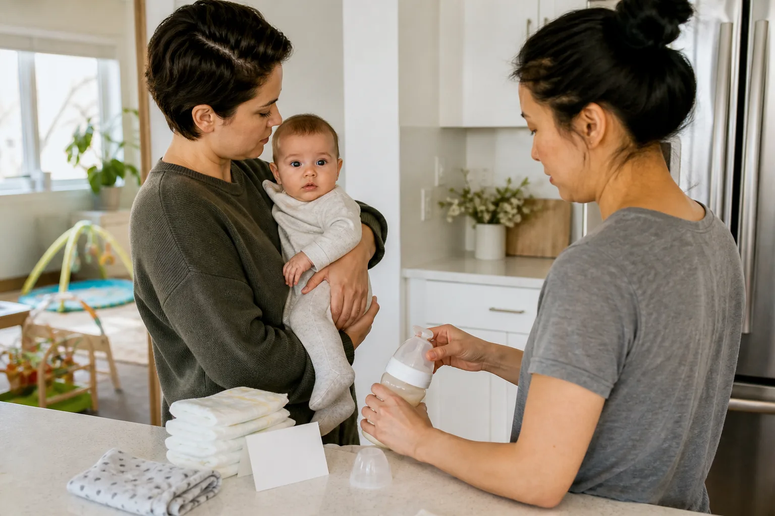 Caregiver reviewing a baby's feeding and diaper observations with another adult
