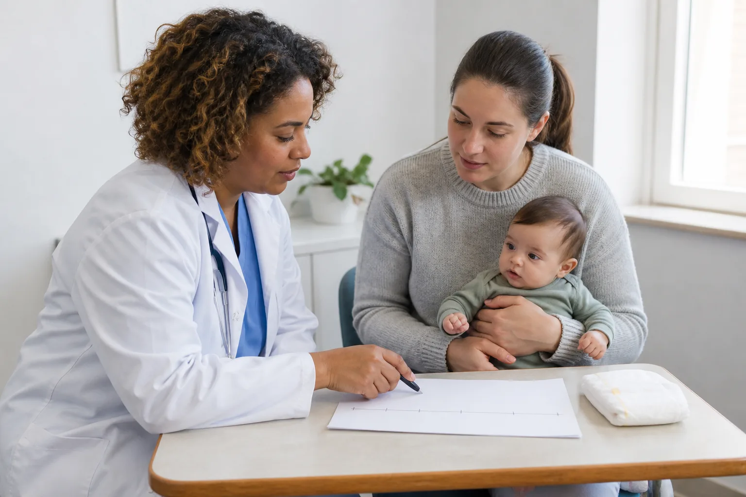 Caregiver reviewing a baby's feeding and diaper observations with another adult