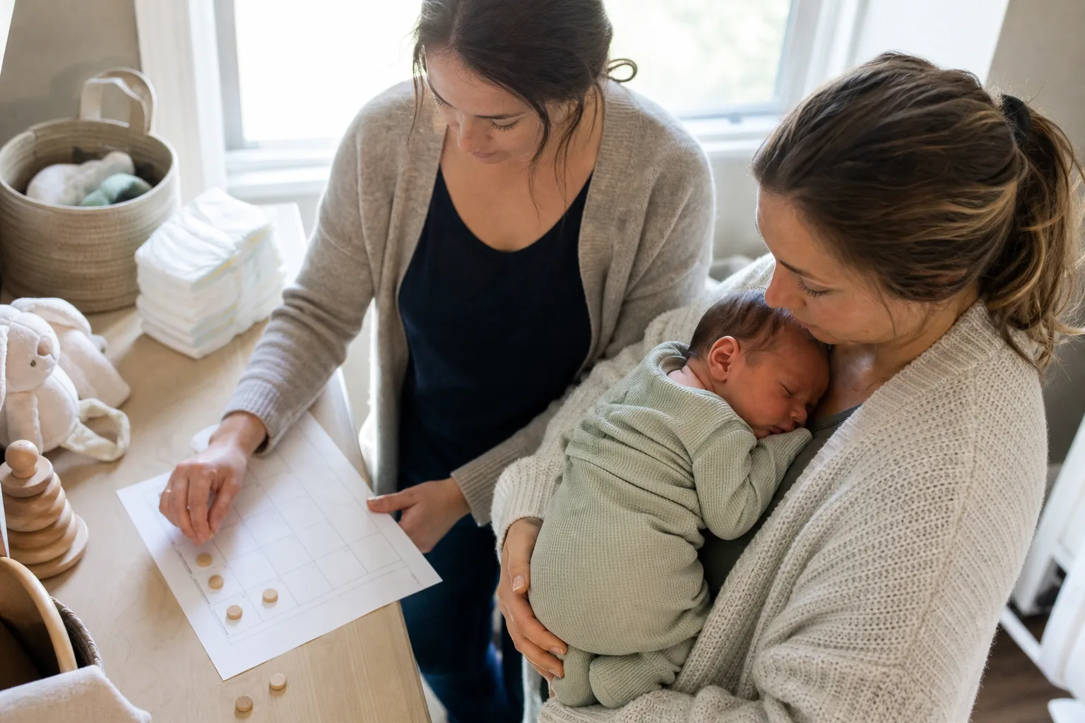 Caregiver reviewing a baby's feeding and diaper observations with another adult