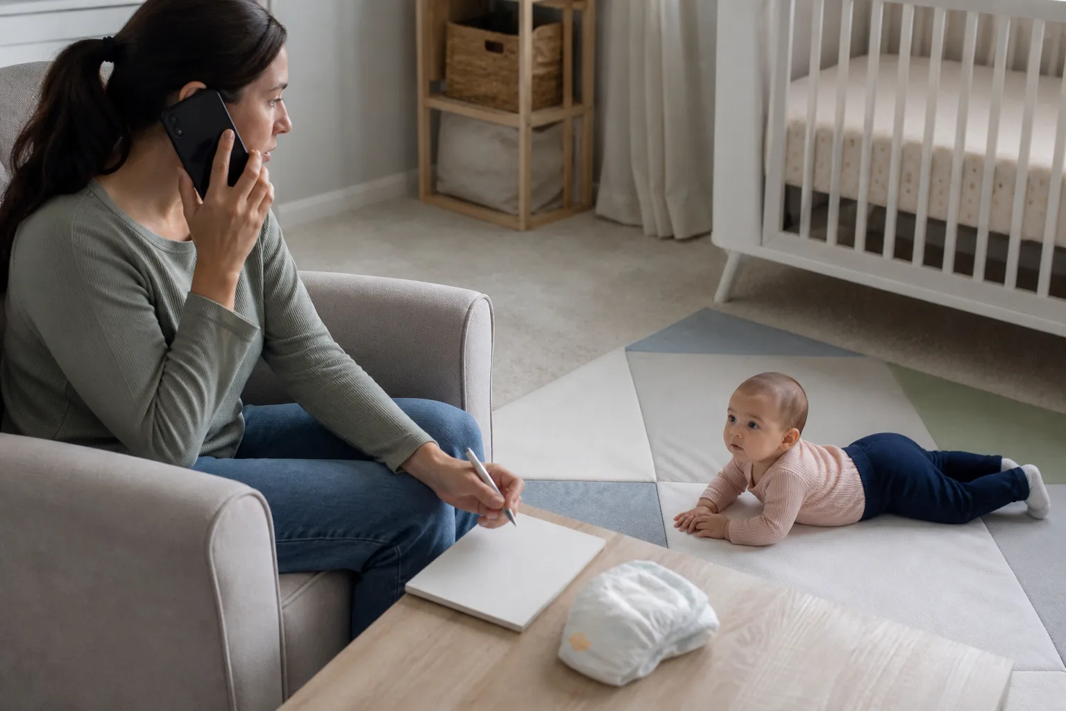 Caregiver reviewing a baby's feeding and diaper observations with another adult