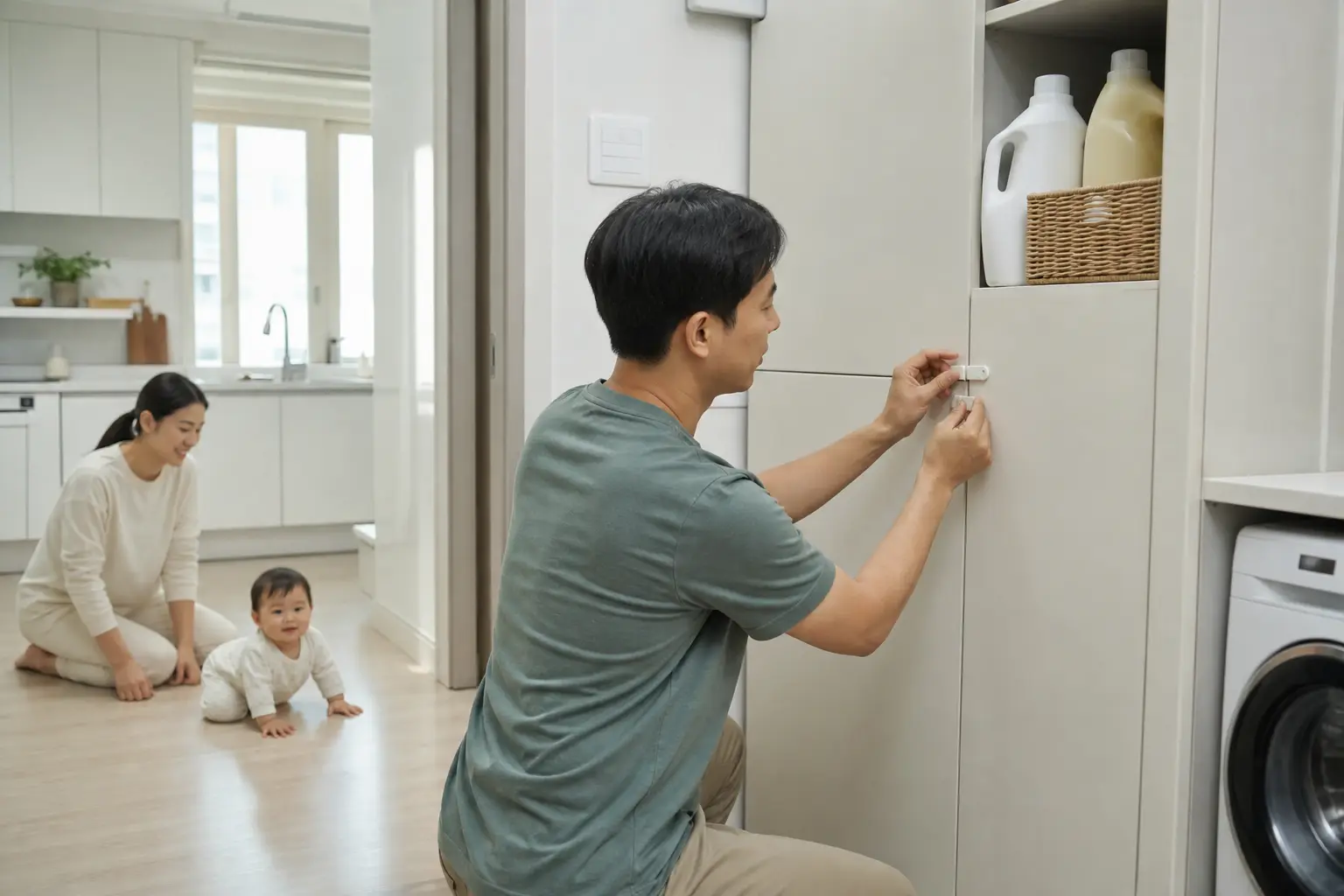 Lock laundry products before a crawling baby can reach the room.