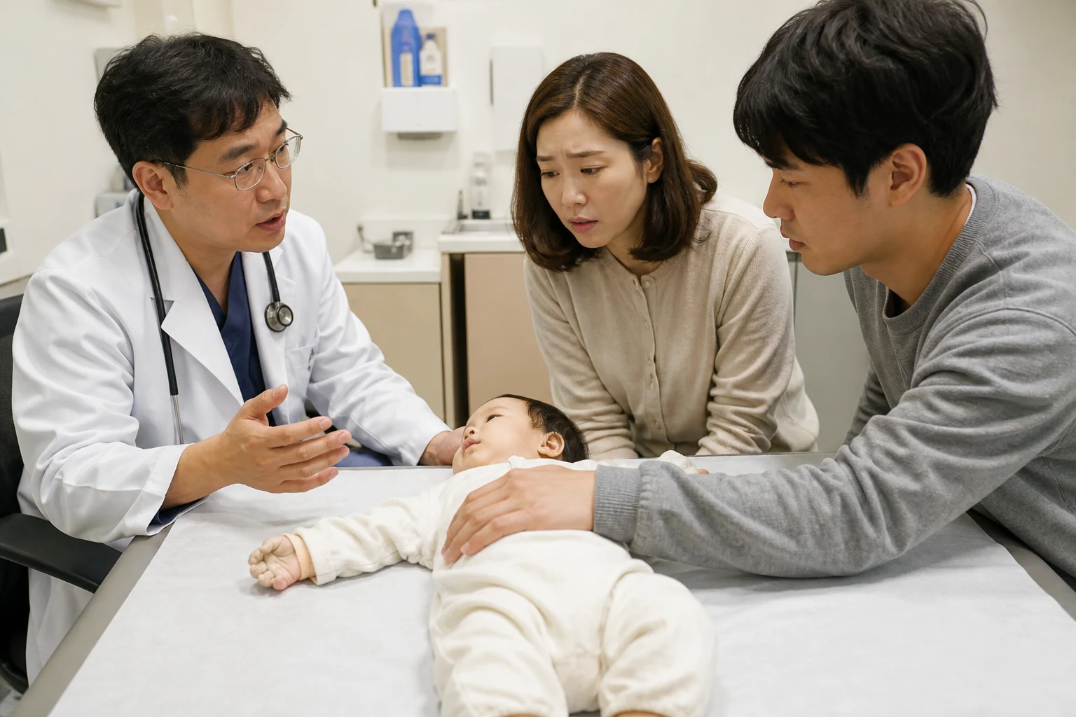 A photorealistic scene with an awake mobile baby and attentive adults practicing safe floor movement or checking home hazards