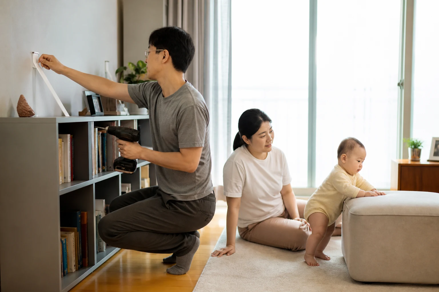 A photorealistic scene with an awake mobile baby and attentive adults practicing safe floor movement or checking home hazards