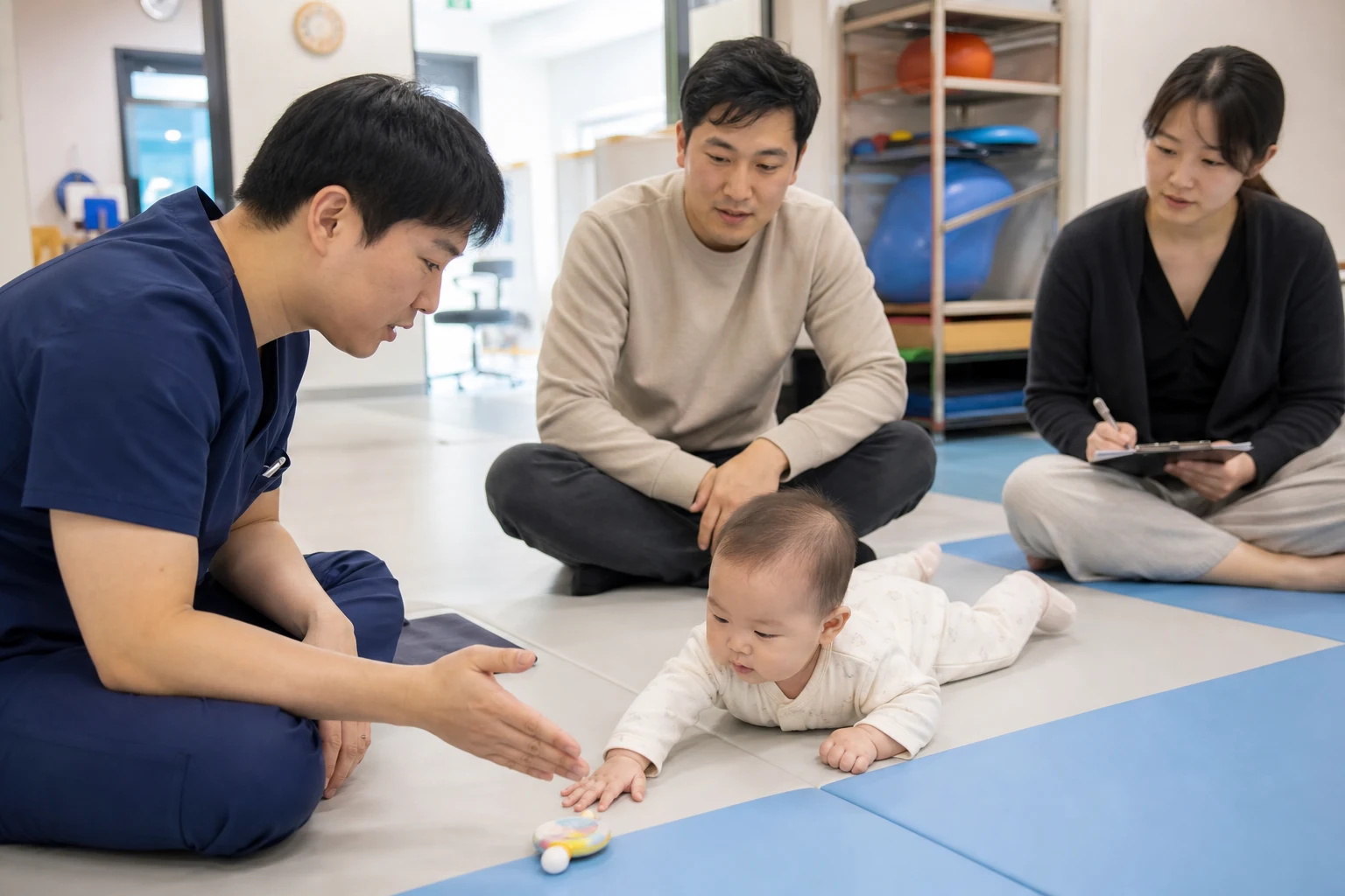 A photorealistic scene with an awake mobile baby and attentive adults practicing safe floor movement or checking home hazards