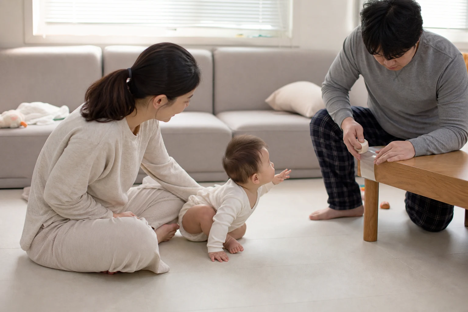 A photorealistic scene with an awake mobile baby and attentive adults practicing safe floor movement or checking home hazards