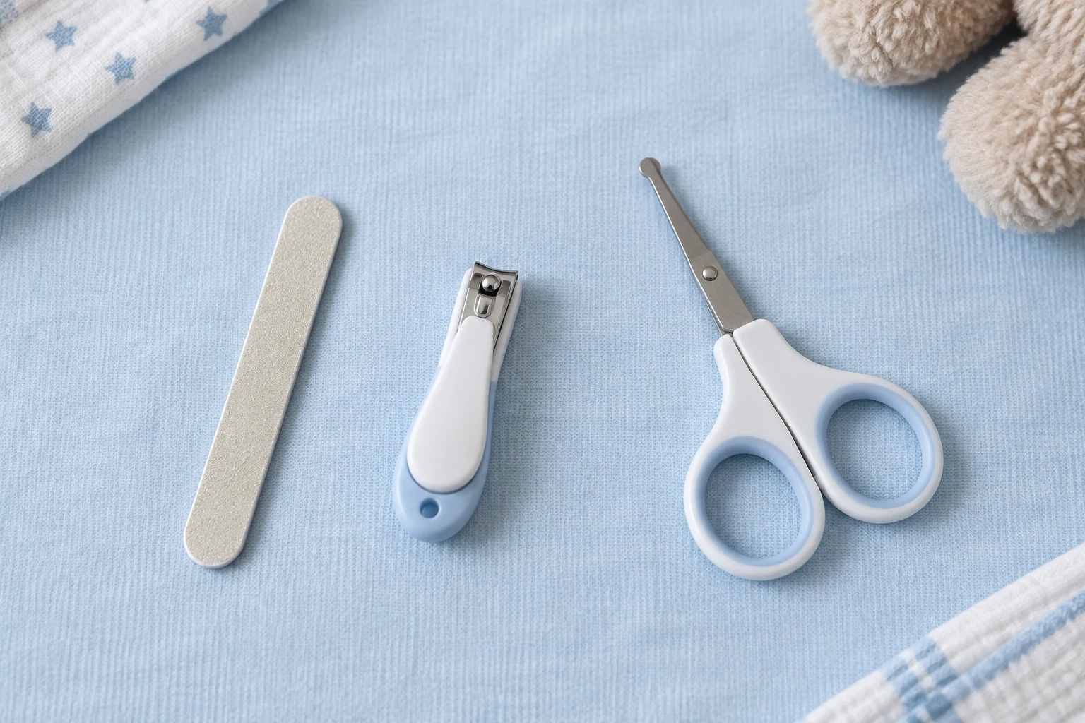 Baby file, clippers and round-ended scissors on a cloth