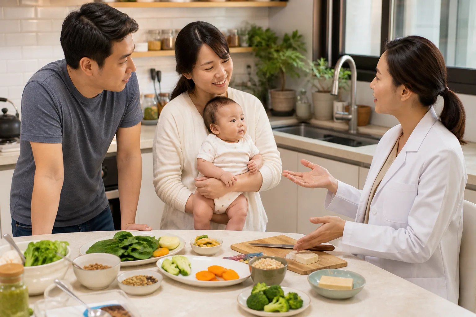 A photorealistic scene with parents, baby, and clinician preparing, reviewing, or safely storing infant supplements