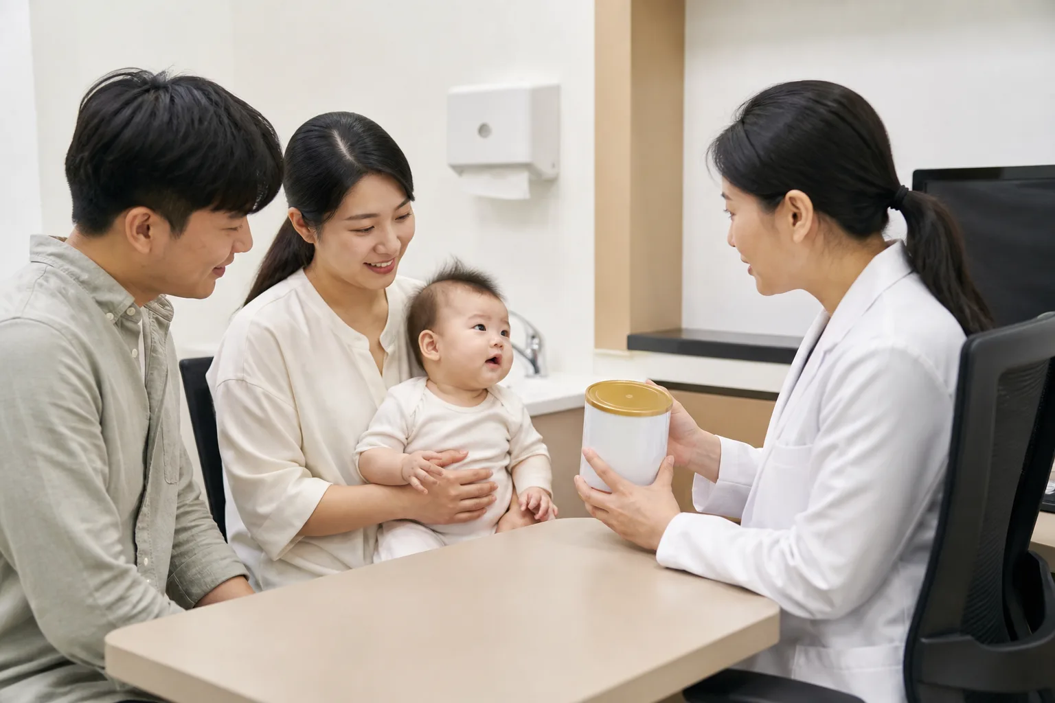 A photorealistic scene with parents, baby, and clinician preparing, reviewing, or safely storing infant supplements