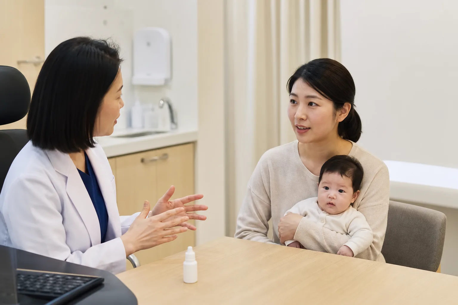 A photorealistic scene with parents, baby, and clinician preparing, reviewing, or safely storing infant supplements