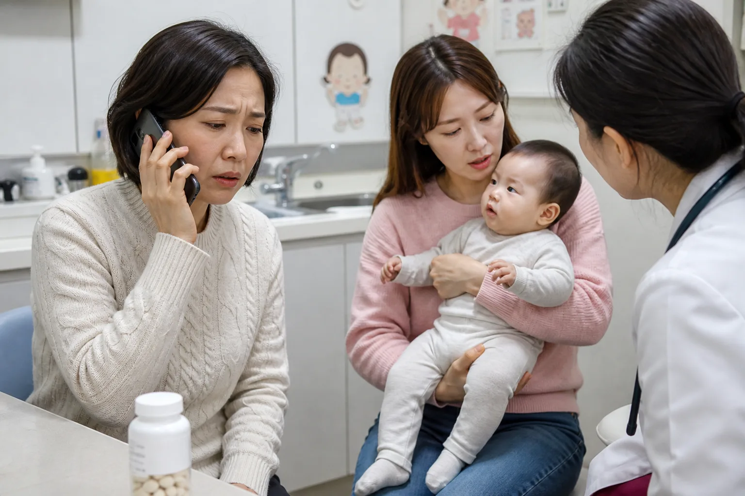 A photorealistic scene with parents, baby, and clinician preparing, reviewing, or safely storing infant supplements