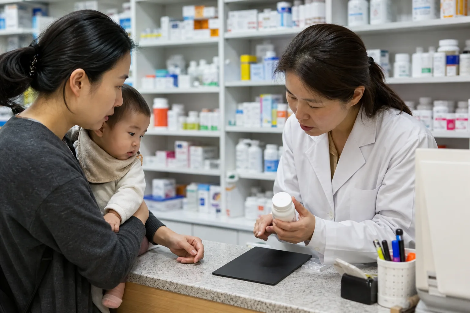 A photorealistic scene with parents, baby, and clinician preparing, reviewing, or safely storing infant supplements