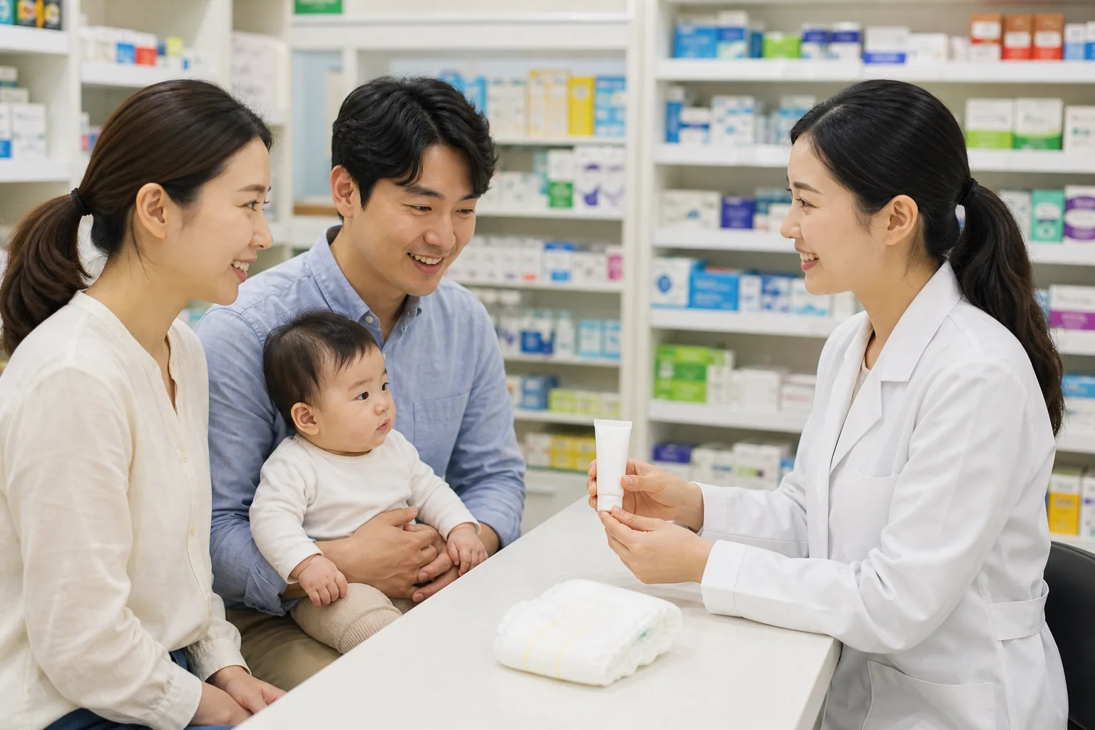 Adult caregivers observe or discuss an infant's skin change in a realistic safe home, pharmacy, or clinic