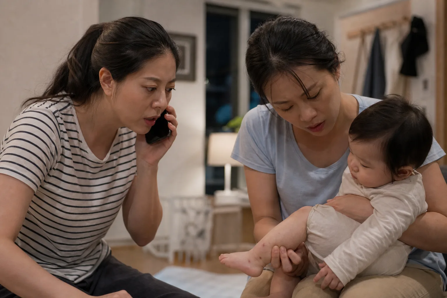 Adult caregivers observe or discuss an infant's skin change in a realistic safe home, pharmacy, or clinic