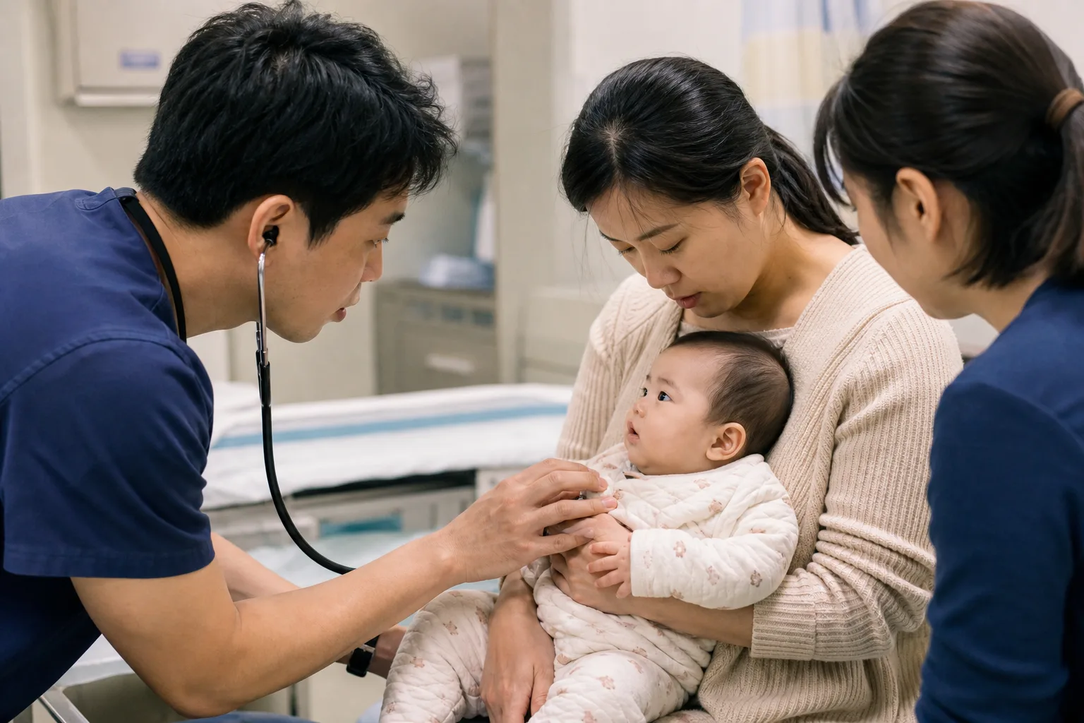 Adult caregivers observe or discuss an infant's skin change in a realistic safe home, pharmacy, or clinic