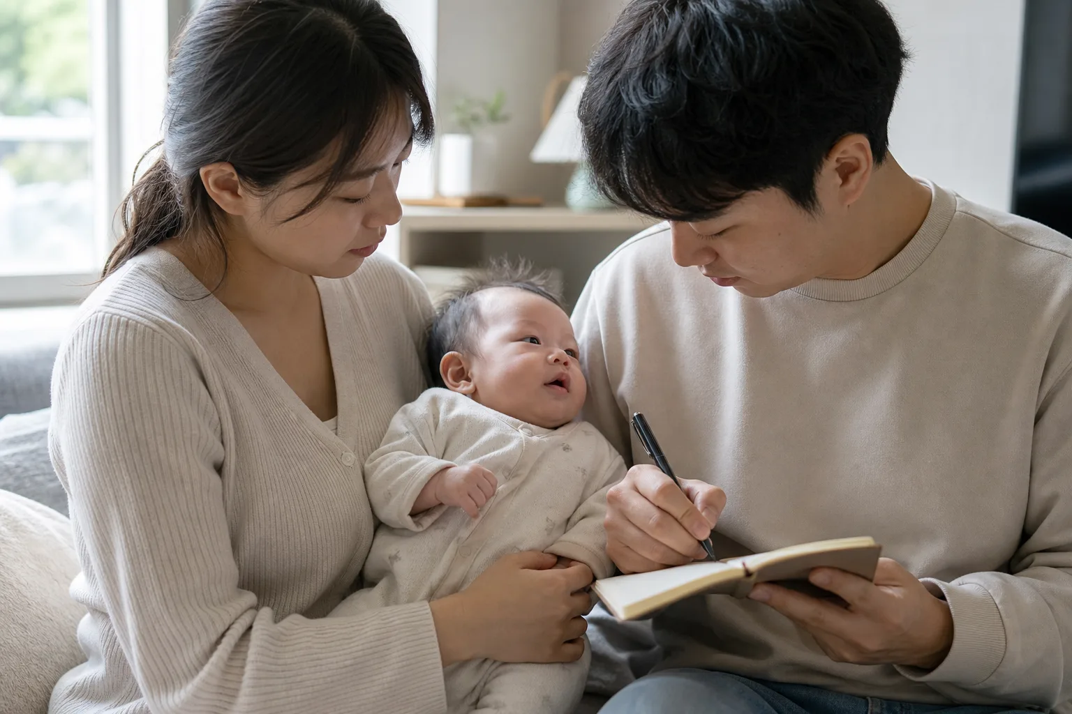 Adult caregivers observe or discuss an infant's skin change in a realistic safe home, pharmacy, or clinic