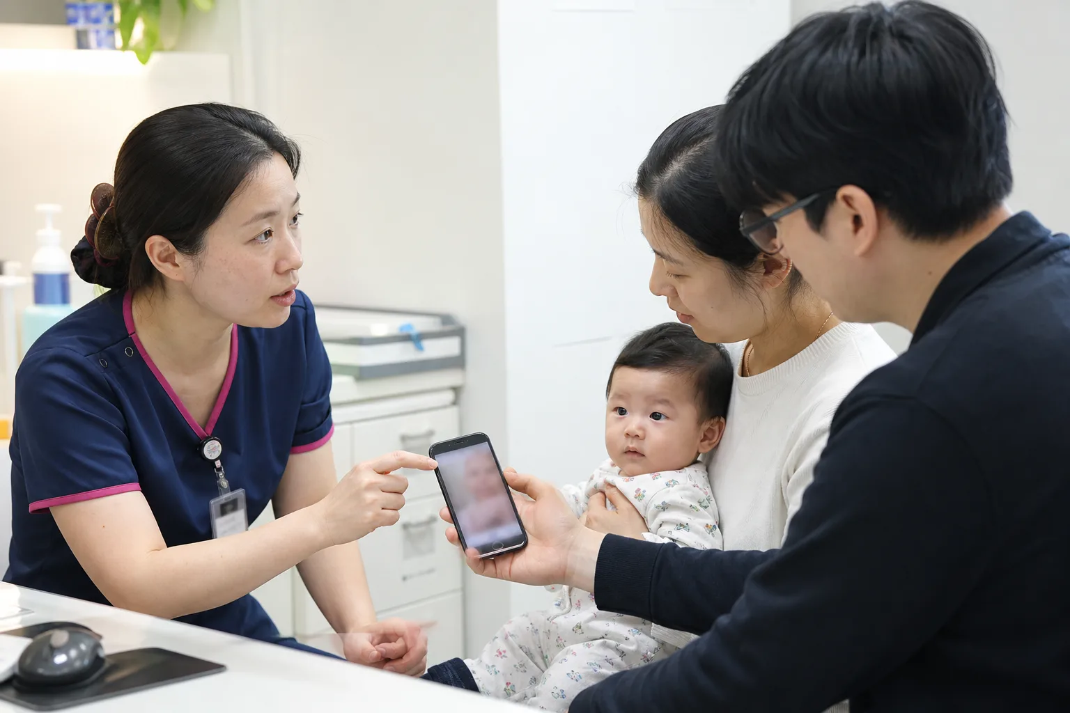 Adult caregivers observe or discuss an infant's skin change in a realistic safe home, pharmacy, or clinic