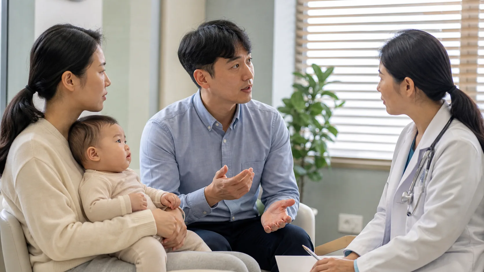Parents and a clinician observe, record, or discuss an infant's diaper pattern in a photorealistic safe home or clinic scene