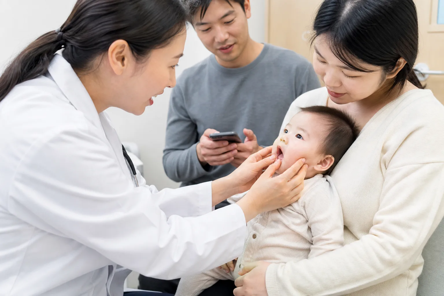 Parents and a clinician observe, record, or discuss an infant's diaper pattern in a photorealistic safe home or clinic scene
