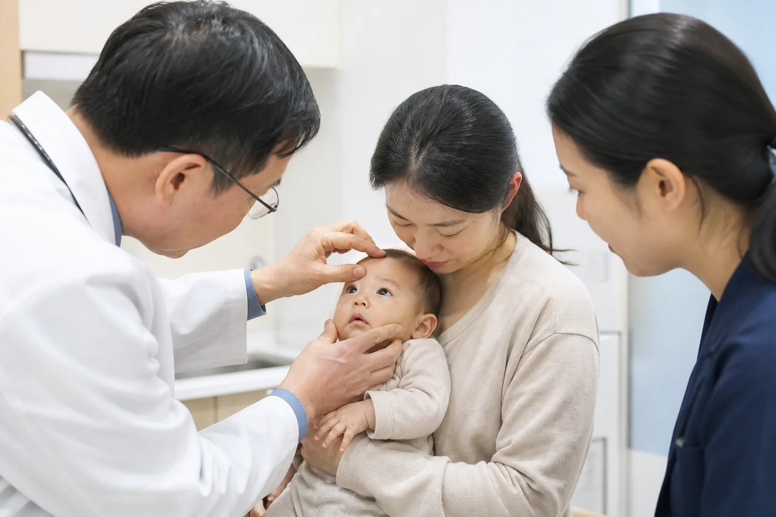 Parents and a clinician observe, record, or discuss an infant's diaper pattern in a photorealistic safe home or clinic scene