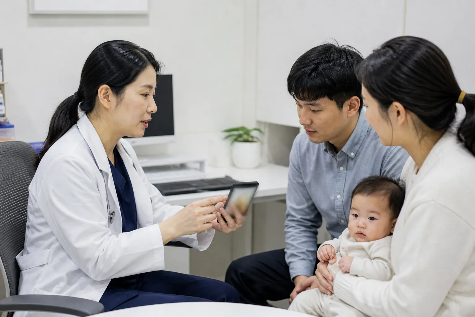 Parents and a clinician observe, record, or discuss an infant's diaper pattern in a photorealistic safe home or clinic scene