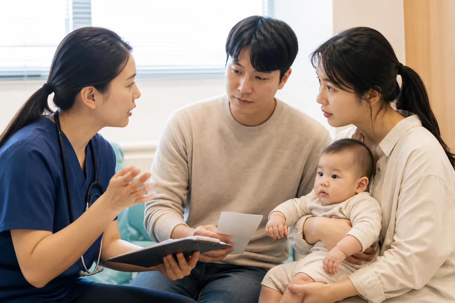 Parents and a clinician observe, record, or discuss an infant's diaper pattern in a photorealistic safe home or clinic scene