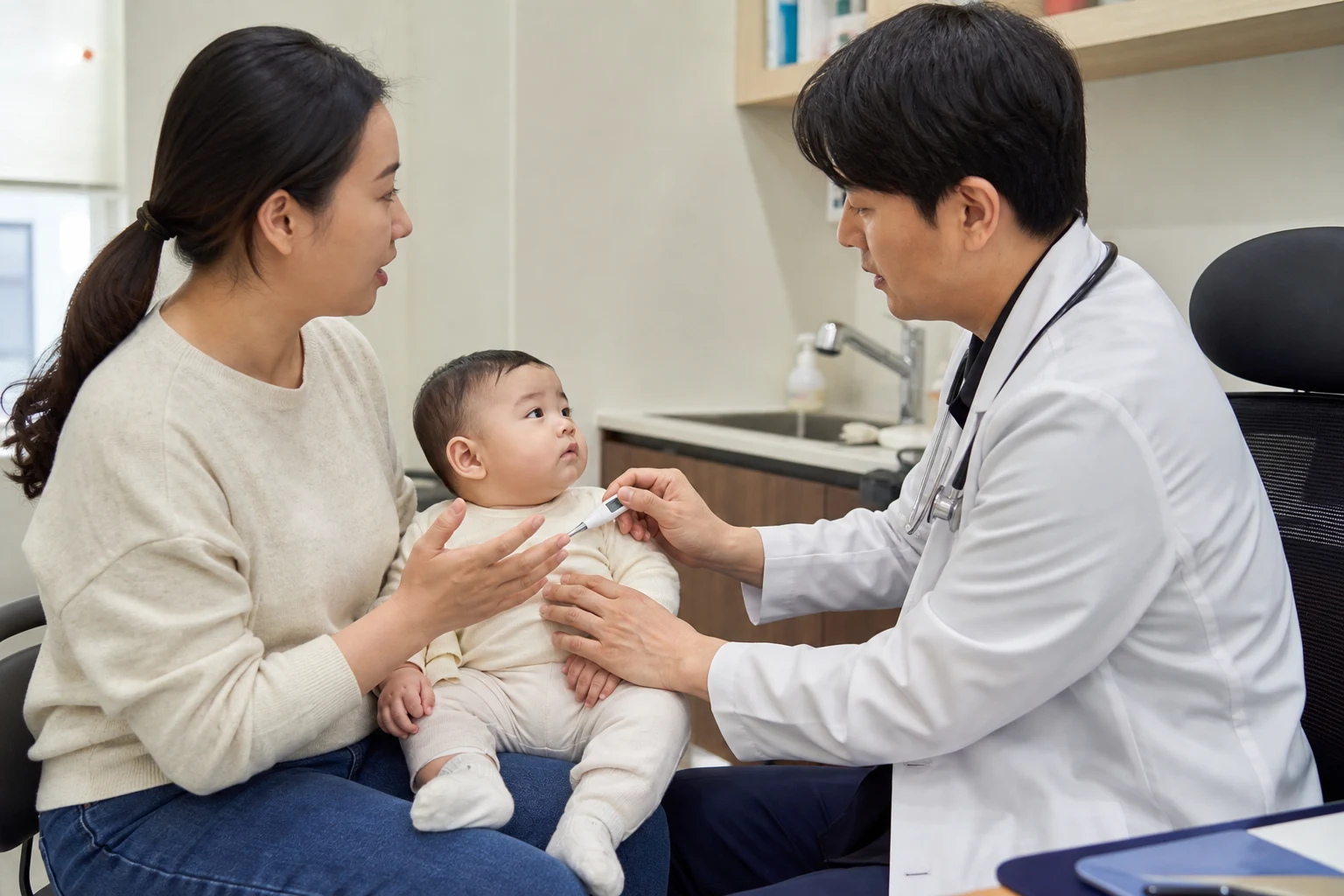 A photorealistic real-life scene with a baby and caregiver or clinician demonstrating safe teething and first-tooth care