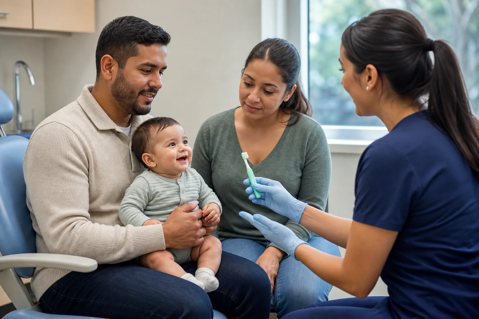 A photorealistic real-life scene with a baby and caregiver or clinician demonstrating safe teething and first-tooth care