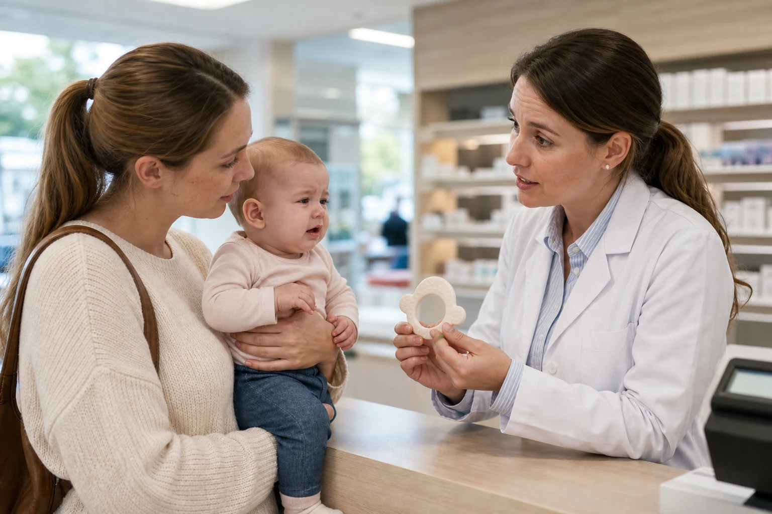 A photorealistic real-life scene with a baby and caregiver or clinician demonstrating safe teething and first-tooth care