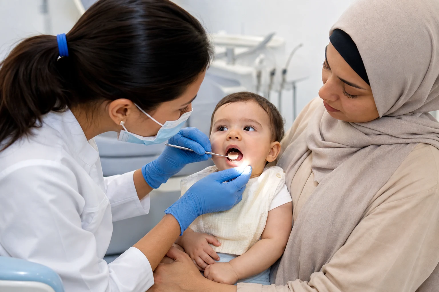 A photorealistic real-life scene with a baby and caregiver or clinician demonstrating safe teething and first-tooth care