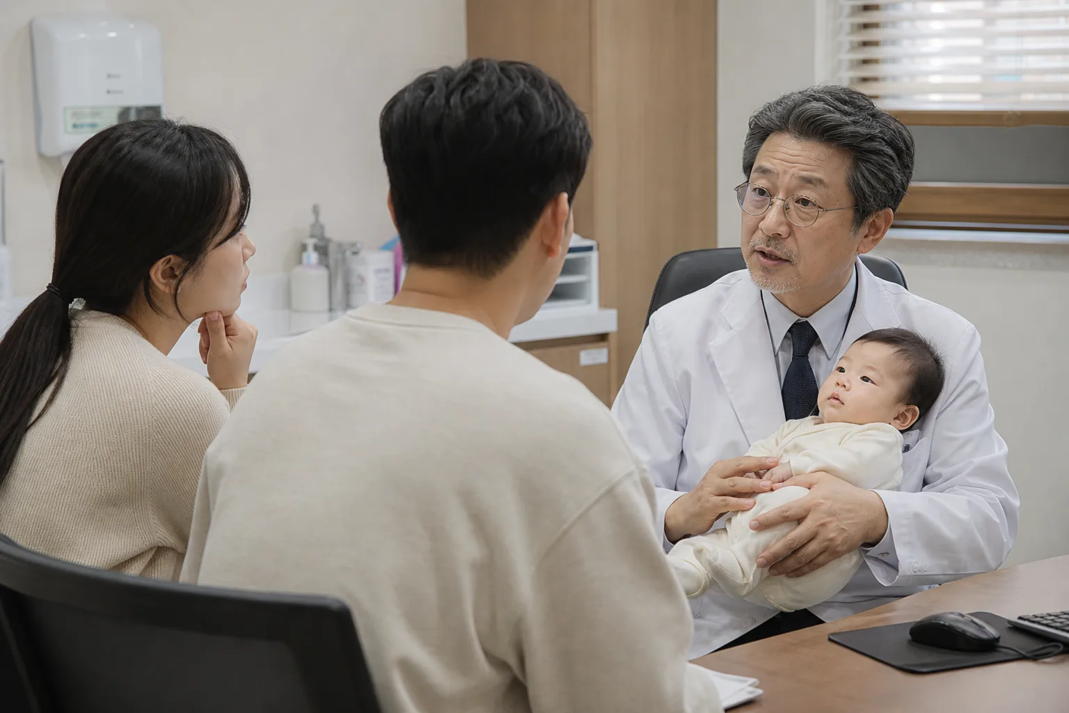 A photorealistic scene with an awake baby and attentive adults practicing or discussing supervised tummy time and head control