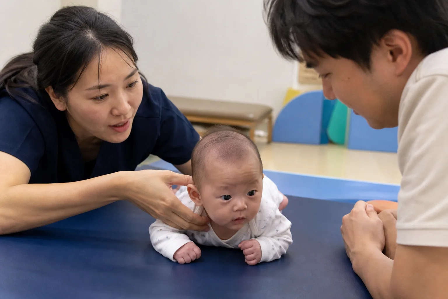 A photorealistic scene with an awake baby and attentive adults practicing or discussing supervised tummy time and head control