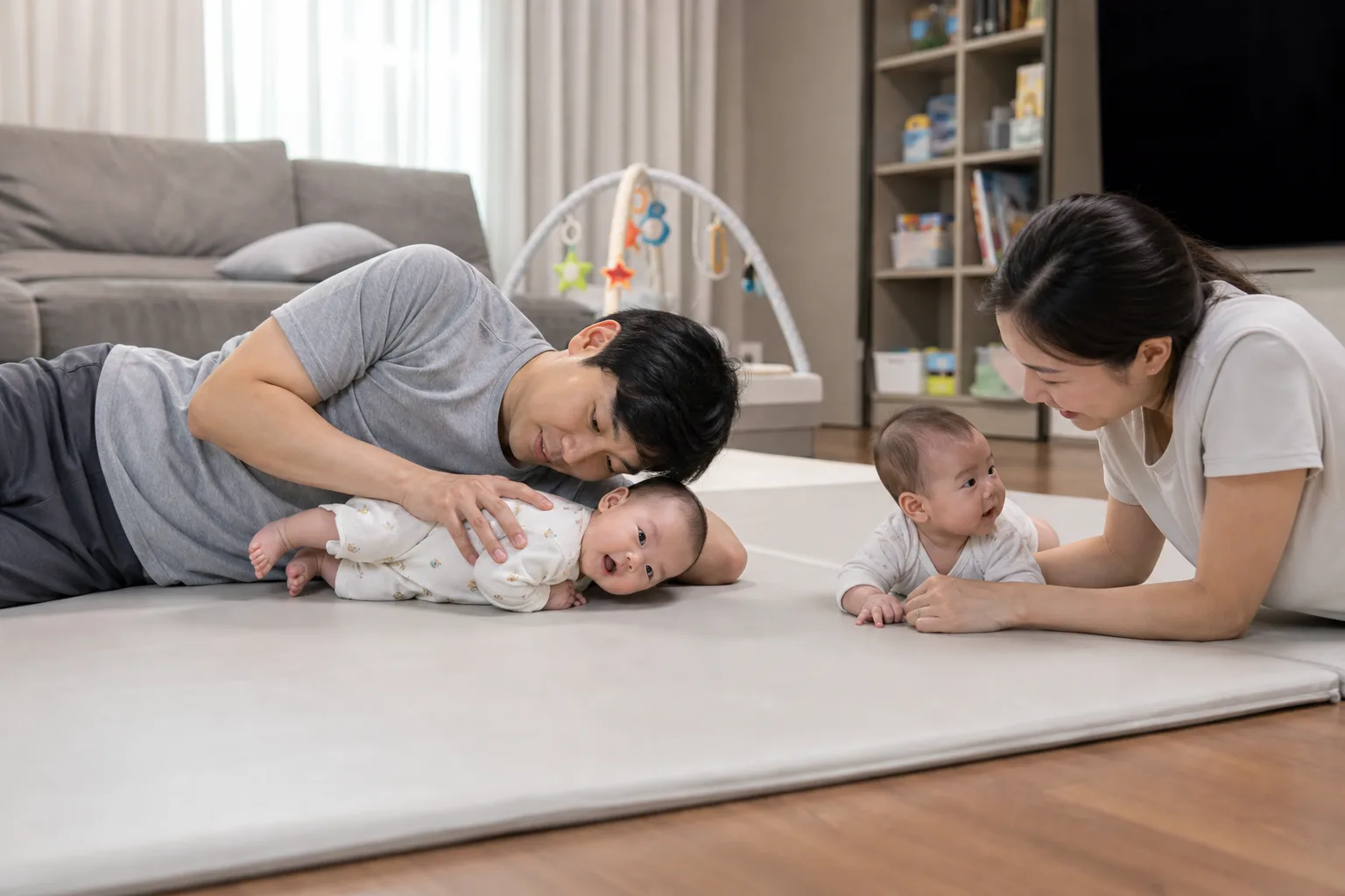 A photorealistic scene with an awake baby and attentive adults practicing or discussing supervised tummy time and head control
