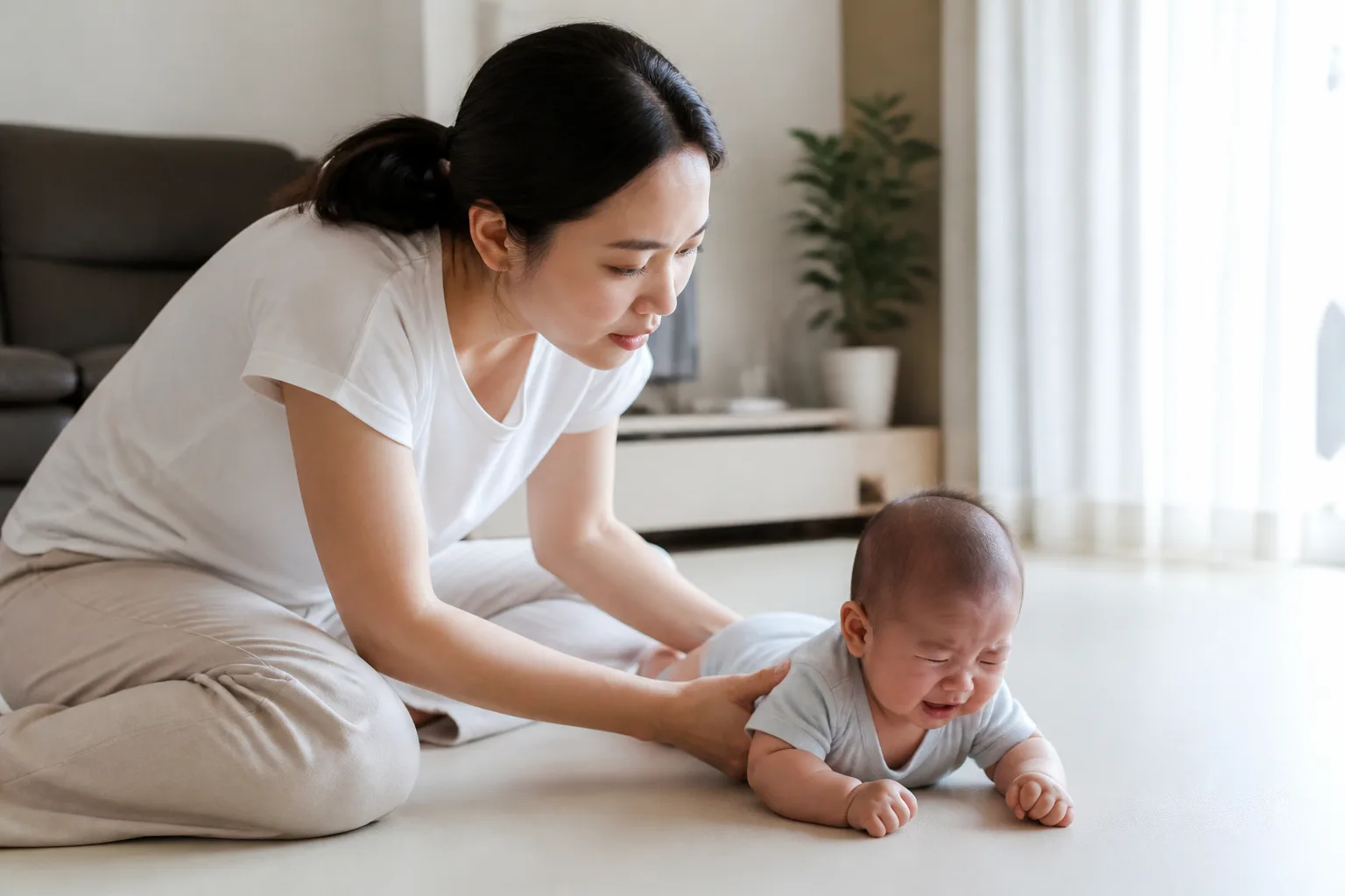 A photorealistic scene with an awake baby and attentive adults practicing or discussing supervised tummy time and head control