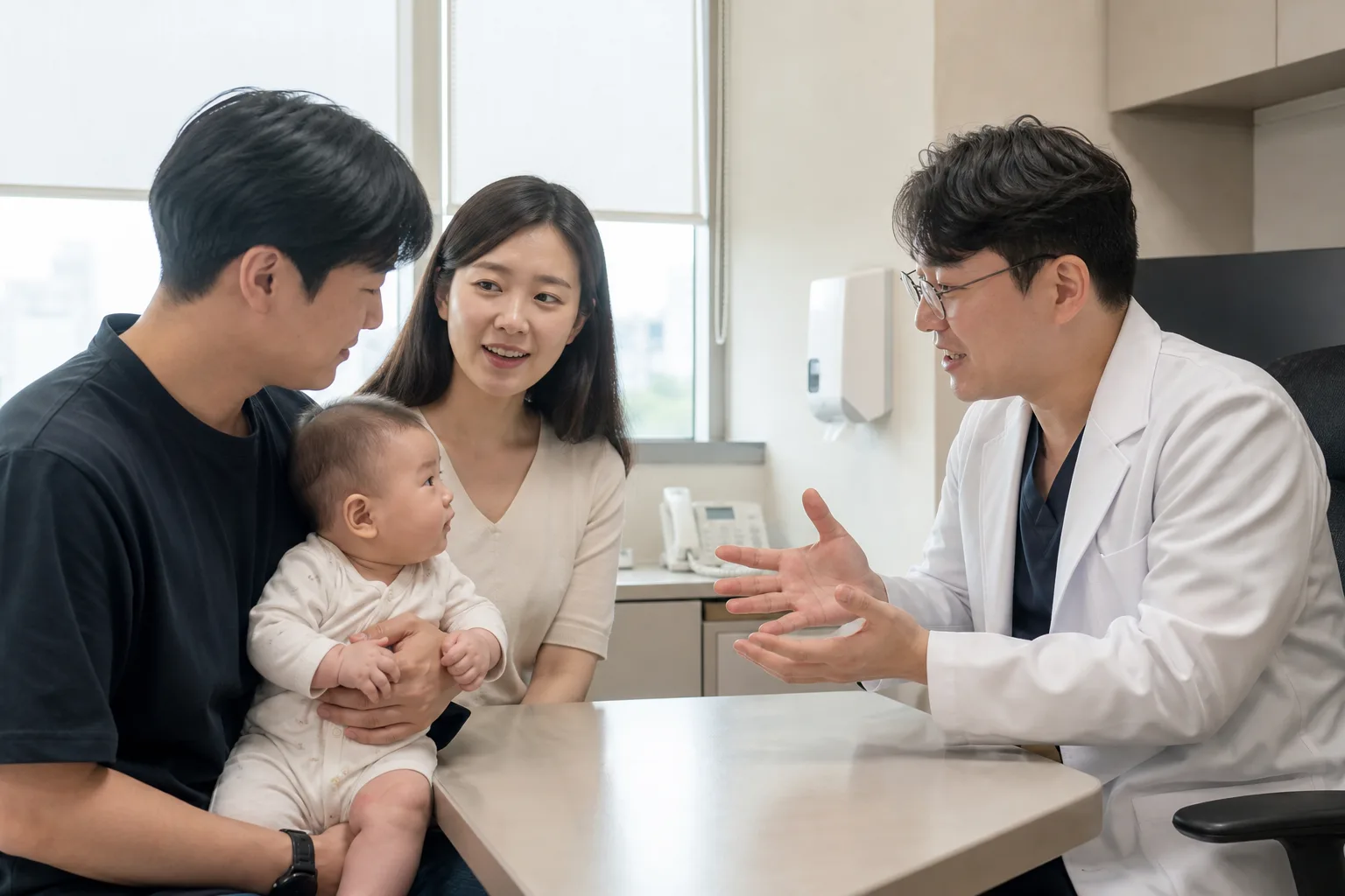 A photorealistic scene with an awake baby and attentive adults practicing or discussing supervised tummy time and head control