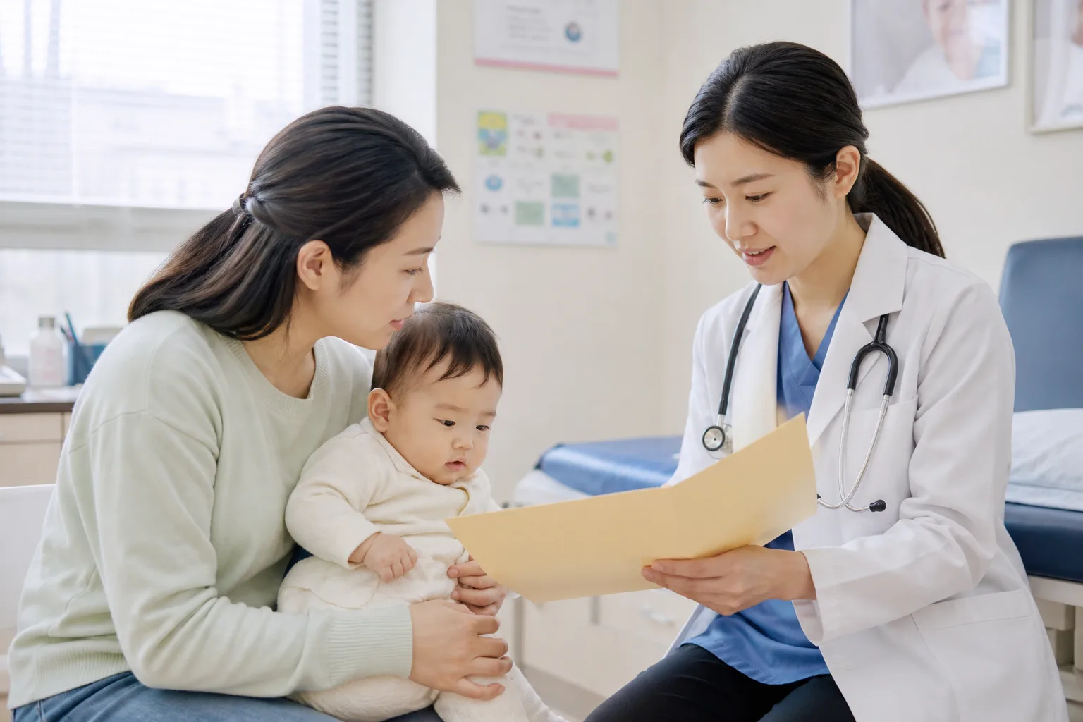 Photorealistic real-life scene with a parent, baby, and care team illustrating before a baby vaccination visit