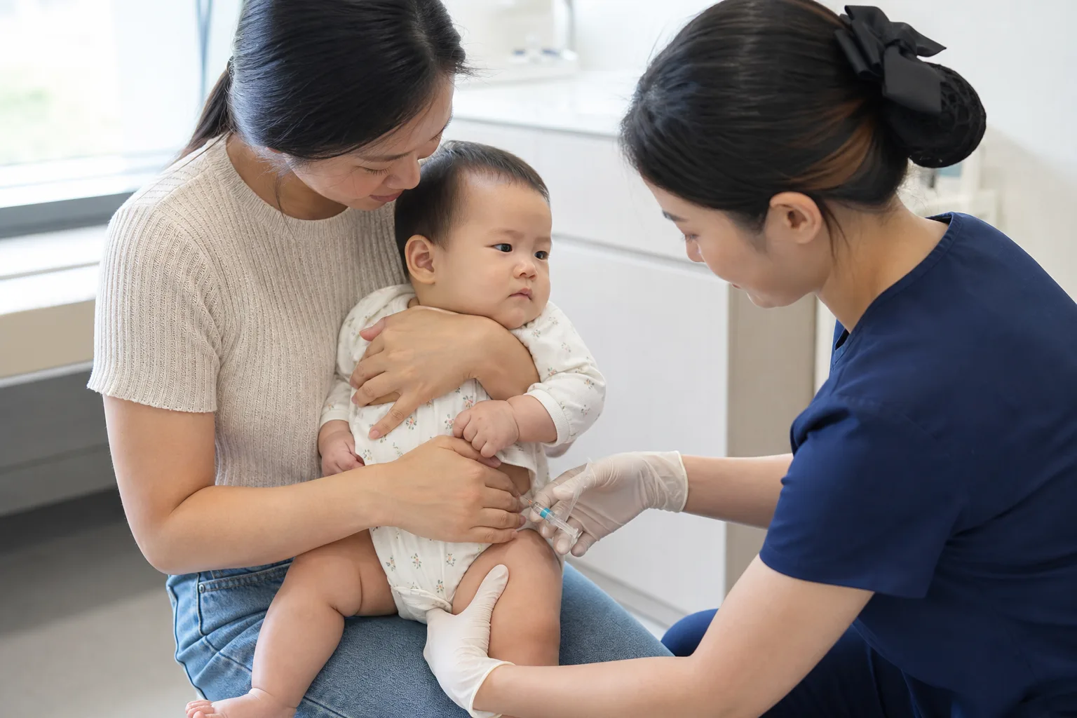 Photorealistic real-life scene with a parent, baby, and care team illustrating comfort a baby during vaccination