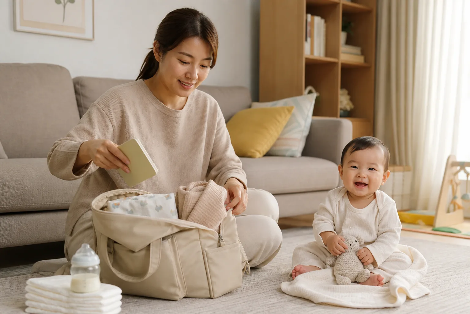 Photorealistic real-life scene with a parent, baby, and care team illustrating baby vaccine visit preparation