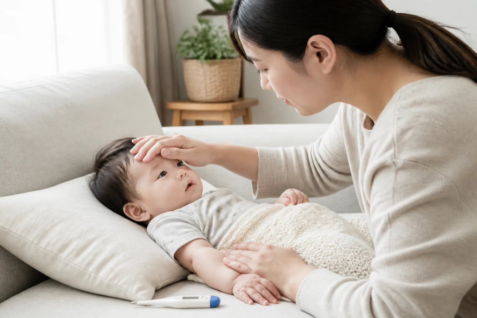 Photorealistic real-life scene with a parent, baby, and care team illustrating vaccines with a mild illness