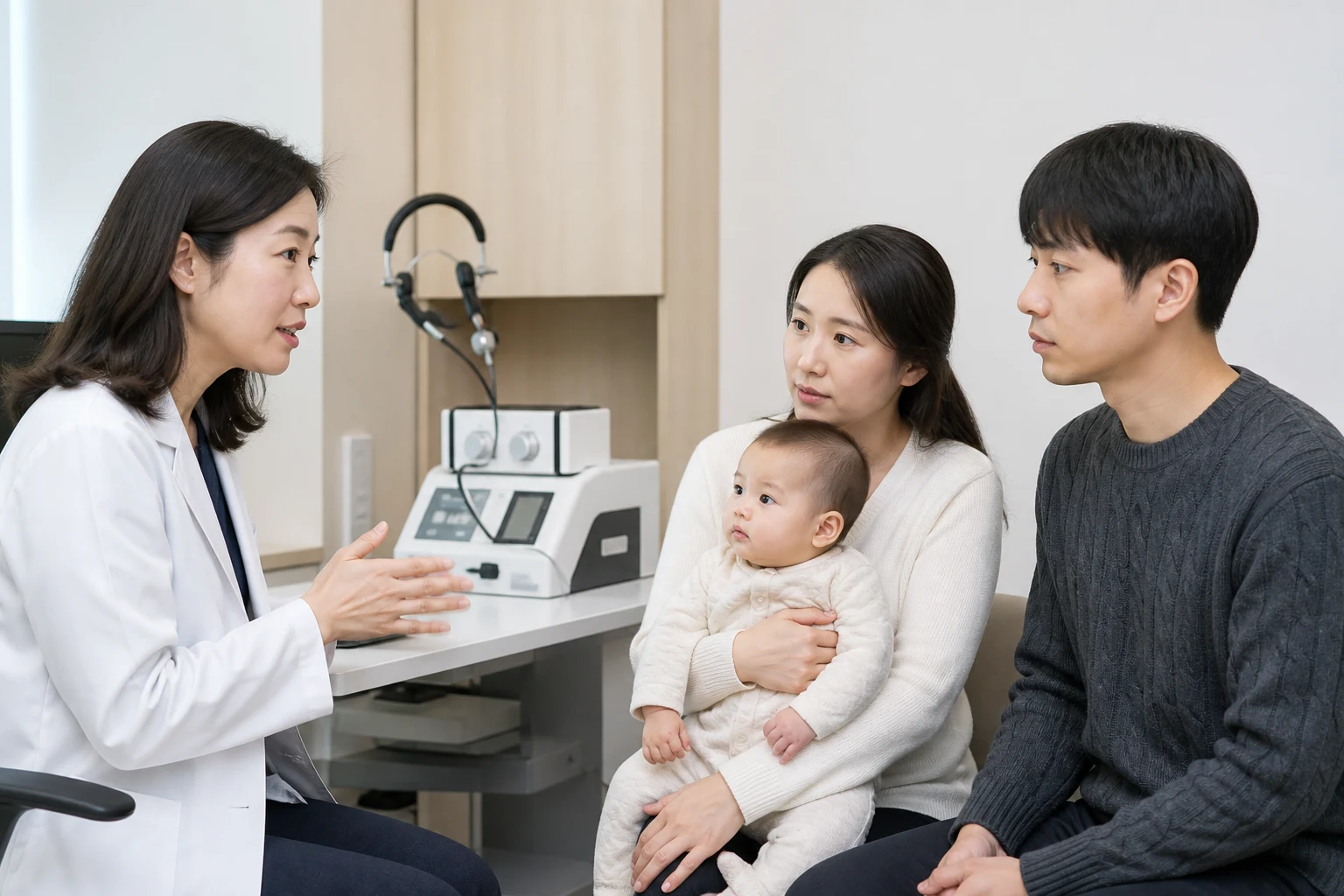 A photorealistic scene of a baby responding to a caregiver or receiving a vision or hearing assessment