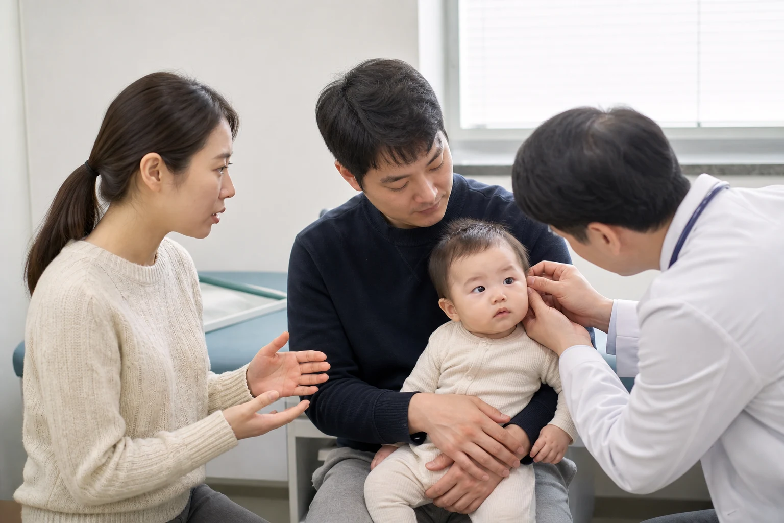 A photorealistic scene of a baby responding to a caregiver or receiving a vision or hearing assessment
