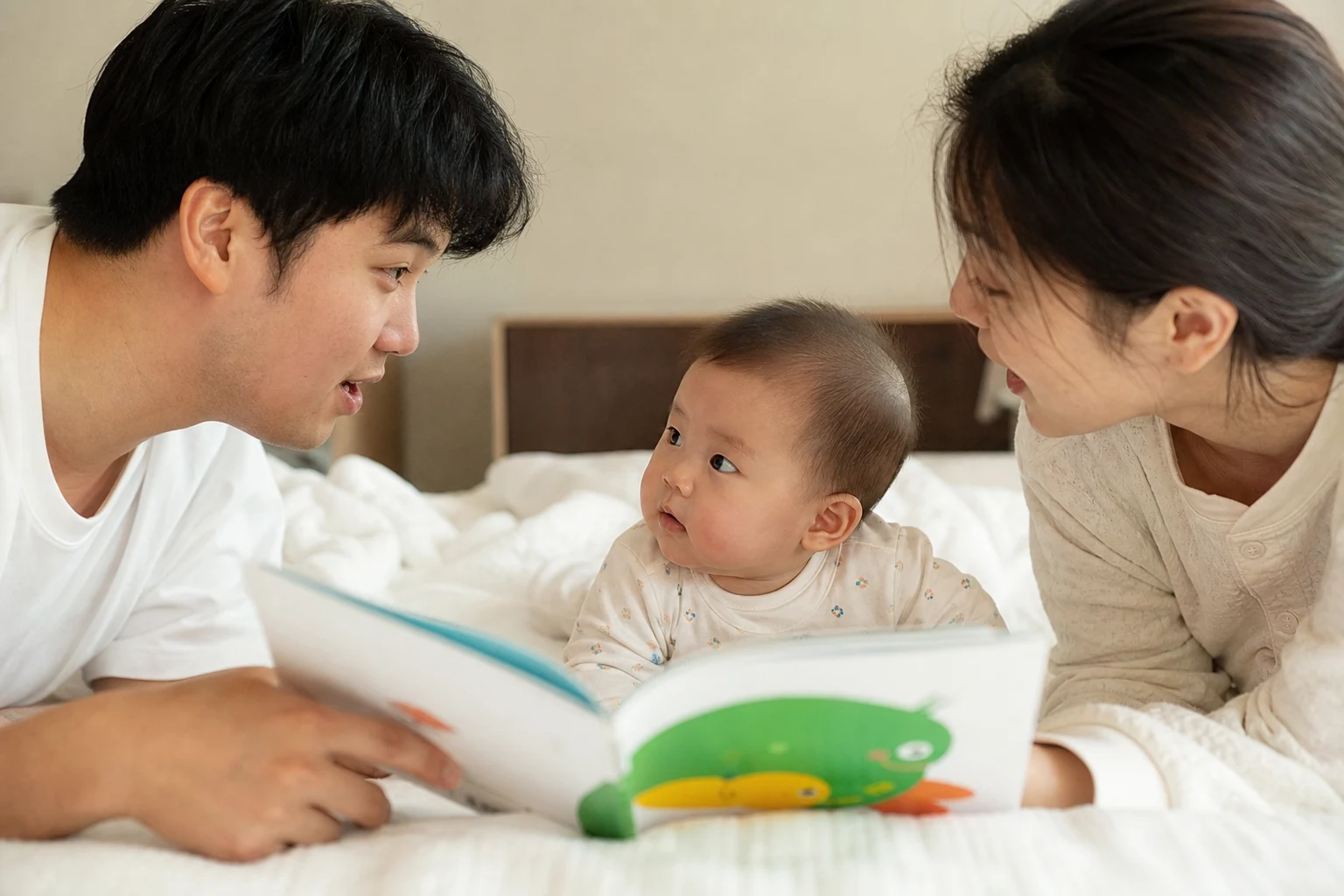 A photorealistic scene of a baby responding to a caregiver or receiving a vision or hearing assessment