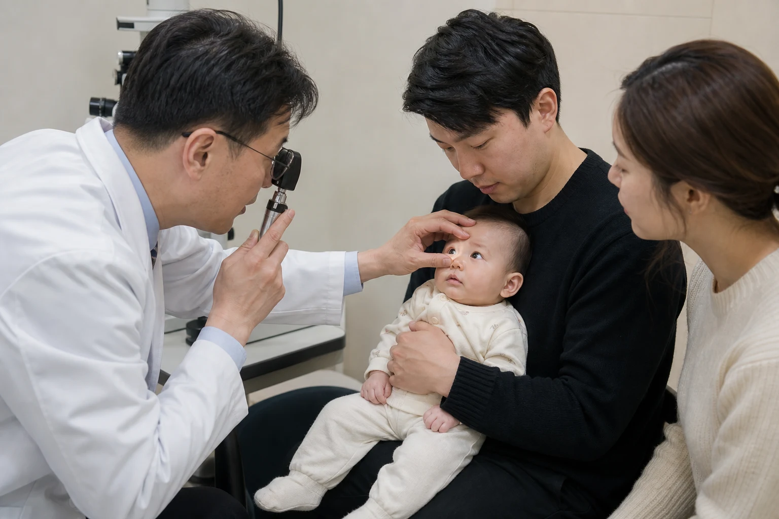 A photorealistic scene of a baby responding to a caregiver or receiving a vision or hearing assessment