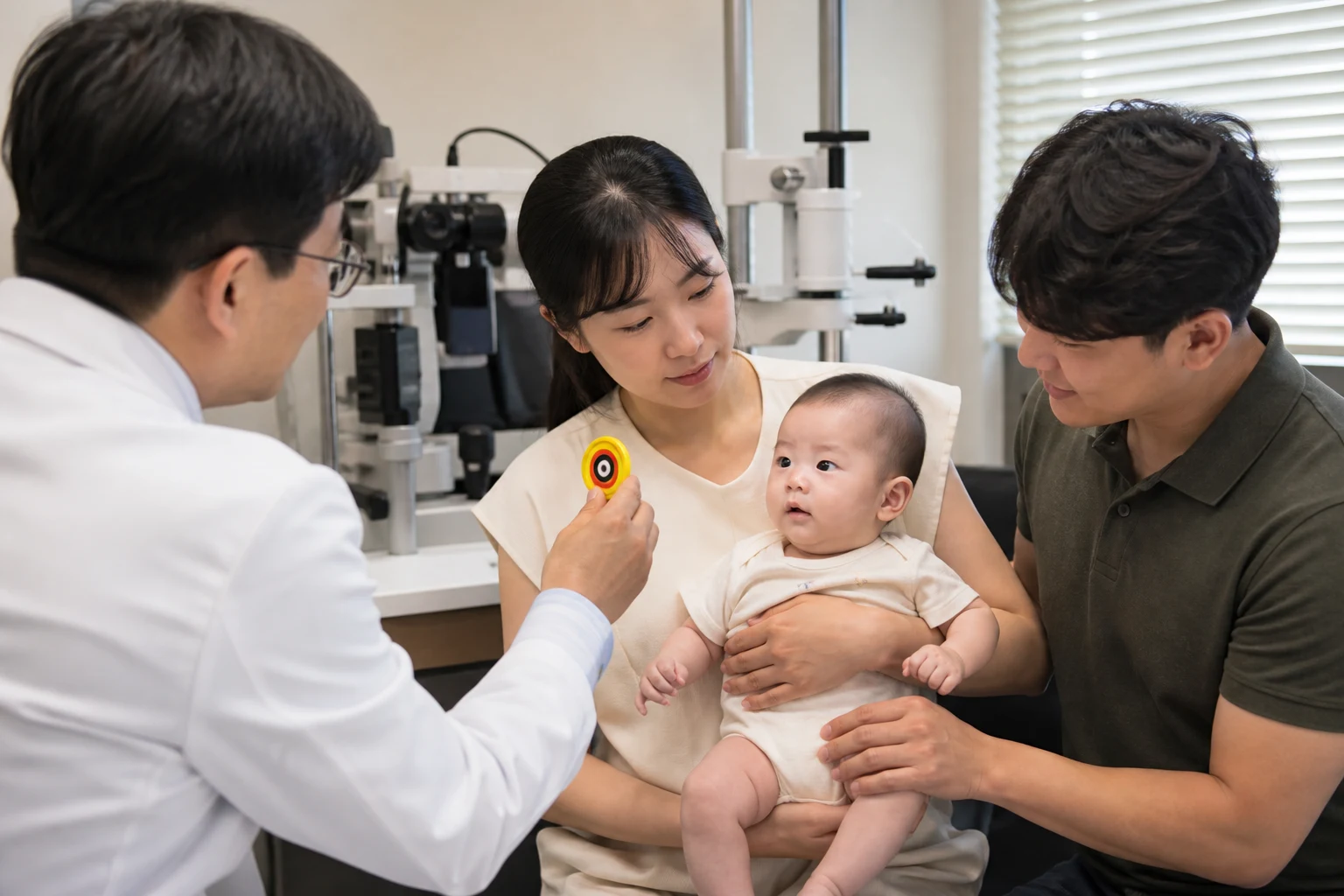 A photorealistic scene of a baby responding to a caregiver or receiving a vision or hearing assessment