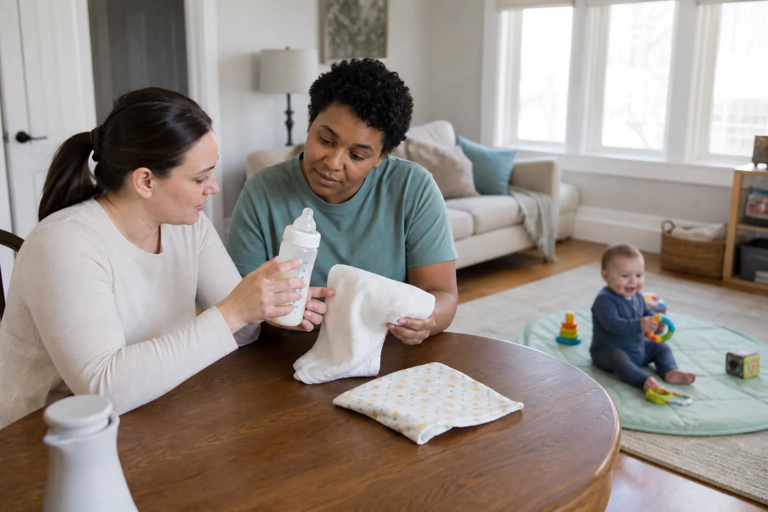 Adult caregivers discuss the baby's observed symptoms with a pediatric clinician in a realistic clinic