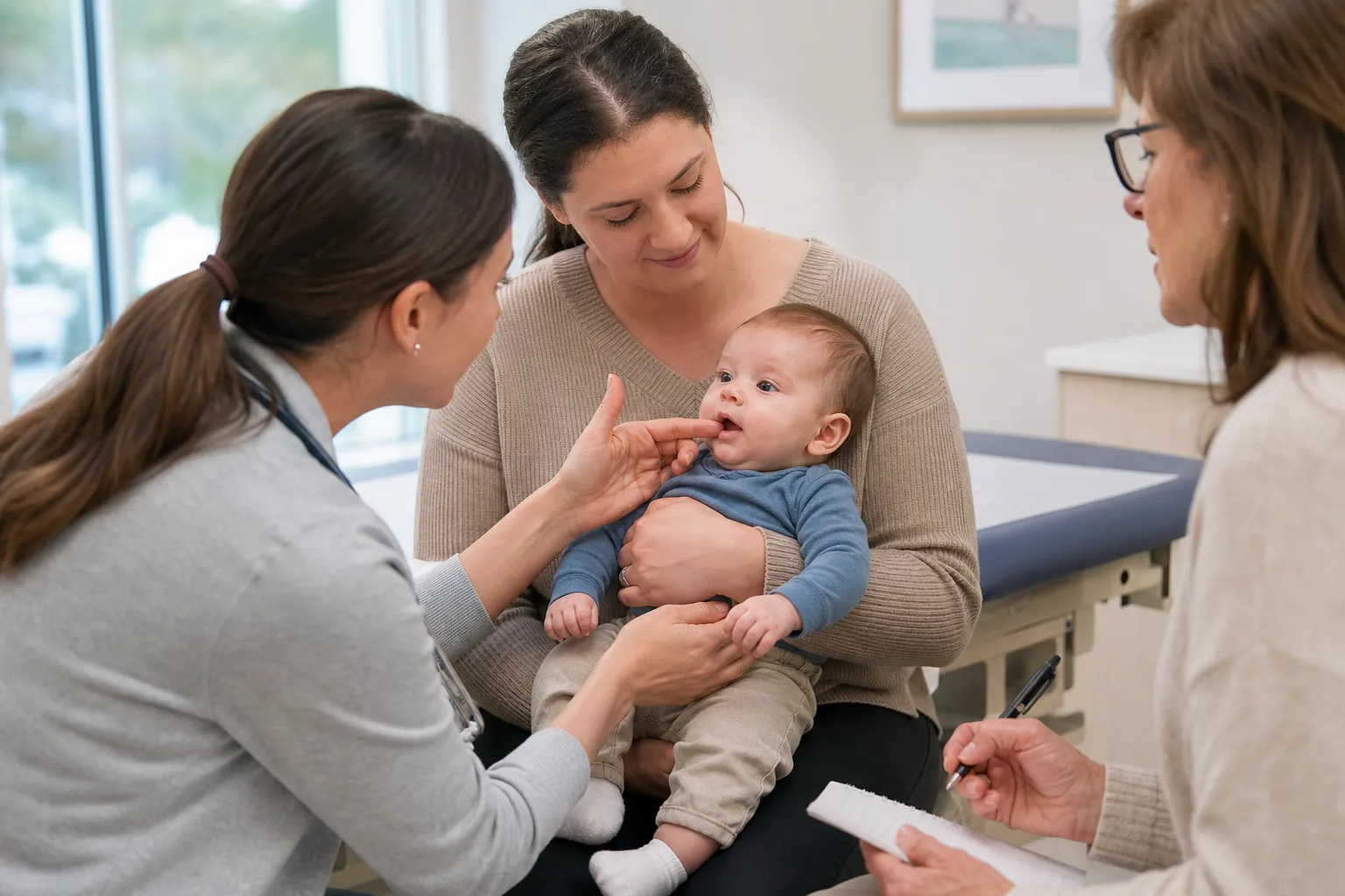 Adult caregivers discuss the baby's observed symptoms with a pediatric clinician in a realistic clinic