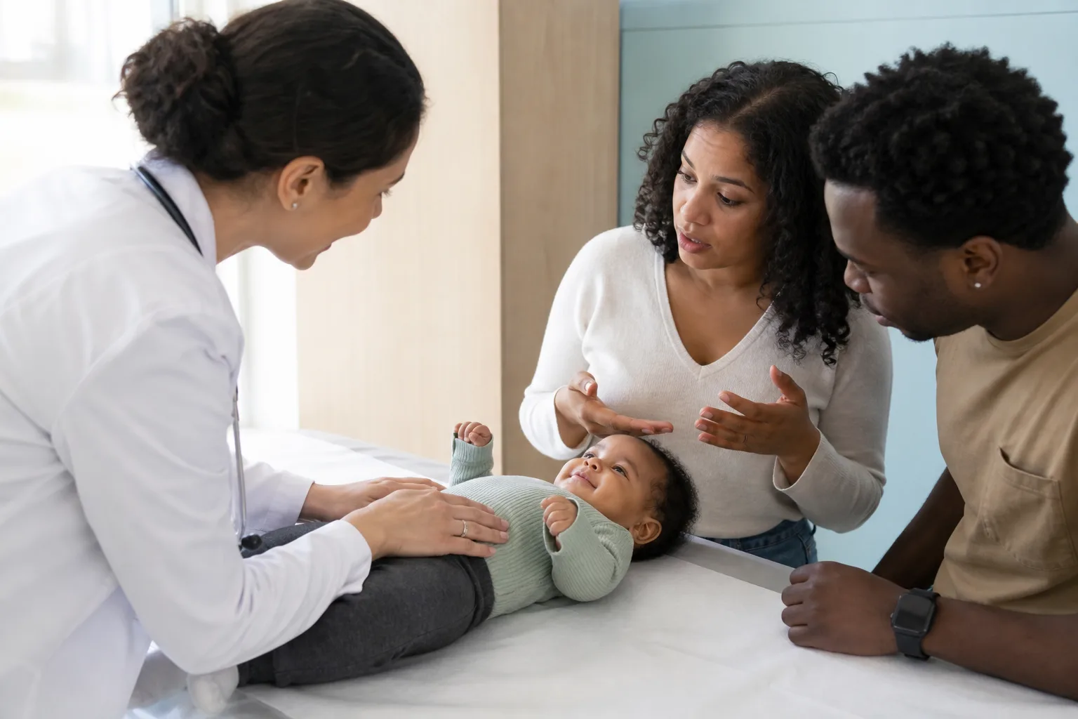 Adult caregivers discuss the baby's observed symptoms with a pediatric clinician in a realistic clinic